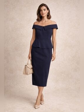 Ted Baker London Navy Off Shoulder Peplum Dress Size 2 Small Structured Midi NWO